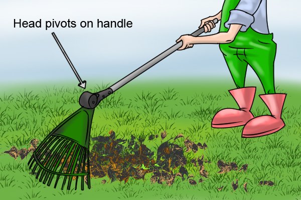 Some rakes have a head which moves so it can be used to pull leaves towards you or push them away in one movement