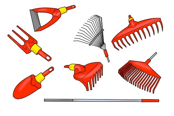 Some garden tools can share a handle, so the head of a rake, spade, fork or other tool can replace each other for different jobs 