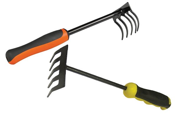 Hand rakes are smaller versions of a garden rake or a lawn rake