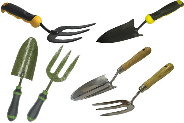 Trowels and hand forks are hand garden tools used to turn soil when a hand rake won't reach deep enough