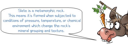 Wonkee Donkee says "Slate is a metamorphic rock. This means it is formed when subjected to conditions of pressure, temperature, or chemical environment which change the rock’s mineral grouping and texture."