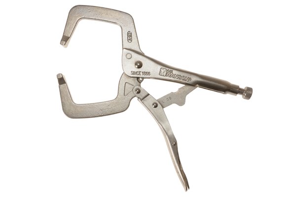A locking clamp has jaws in the shape of a C