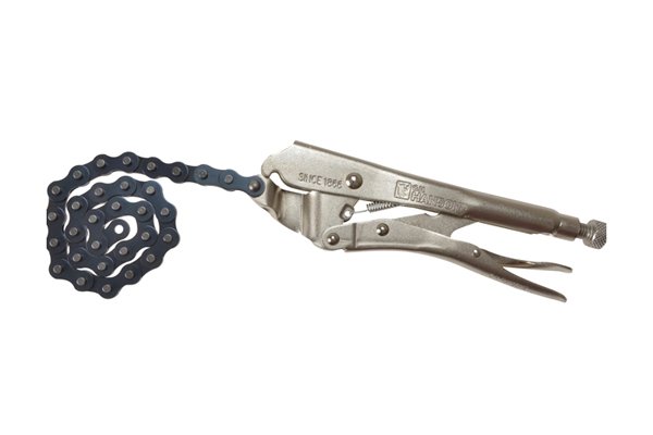 A chain locking clamp uses a metal chain to hold objects still