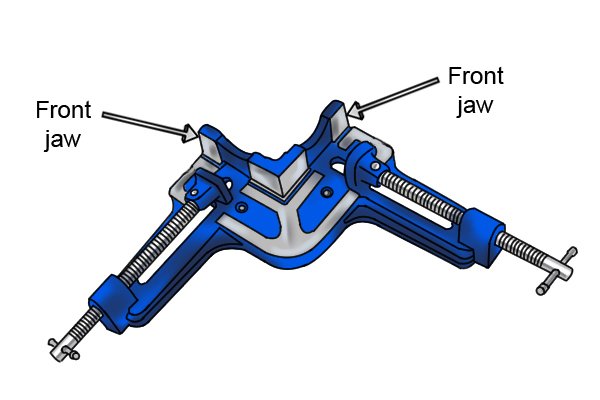 A double screw angle clamp has two front jaws