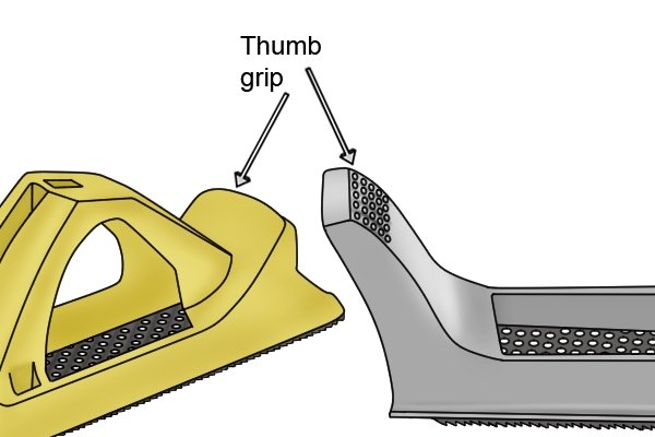A thumb grip allows the user to hold both ends of the surform plane