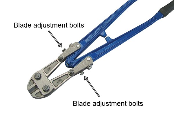 Blue bolt cutters with adjustment bolts either side labelled