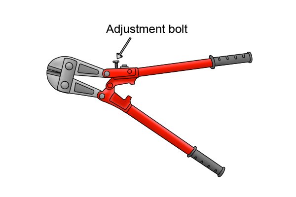 Red bolt cutters with blade adjustment bolt labelled at neck.