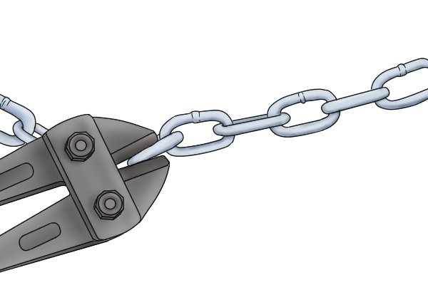 Steel chain to be cut positioned as far as possible along the jaws of a pair of bolt cutters