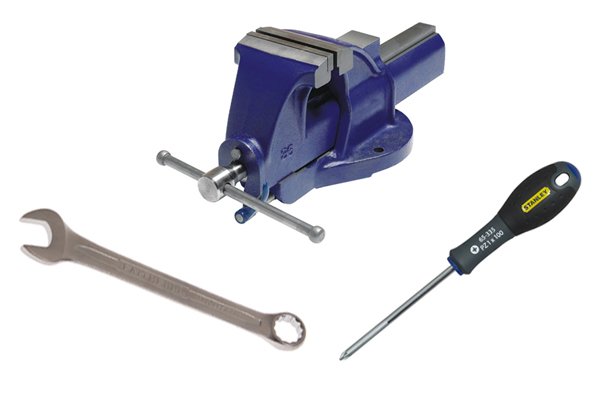 Equipment needed to replace bolt cutter jaws: a vice, a crescent wrench and appropriate-sized screwdrivers