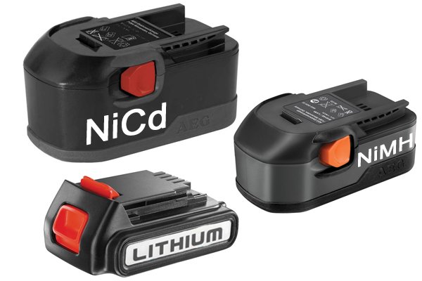 Three types of battery and charger: nickel cadmium, nickel metal hydride, lithium ion.