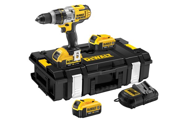 Cordless power tool set with battery and charger.