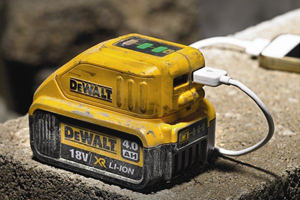 USB charger is used to charge smalle devices using the power from a cordless power tool battery.