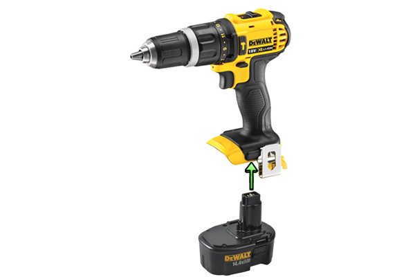 Line up the post of battery with the hole in cordless power tool.