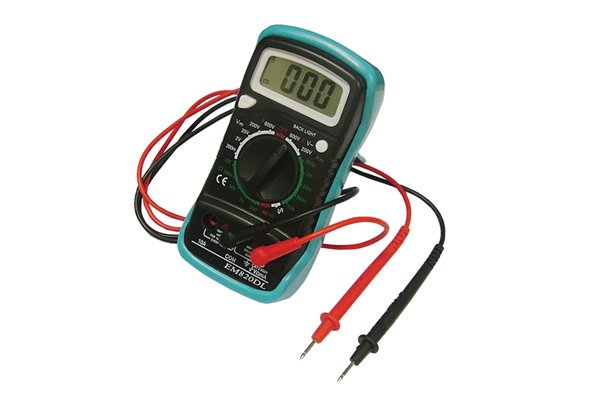 Multimeter with a voltmeter setting to measure voltage of battery.
