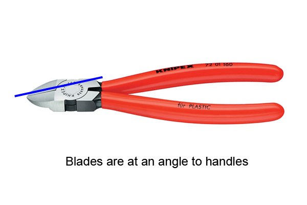 Handles and blades are at angles to each other so that diagonal side cutting pliers, nippers, cutters can be used more easily.