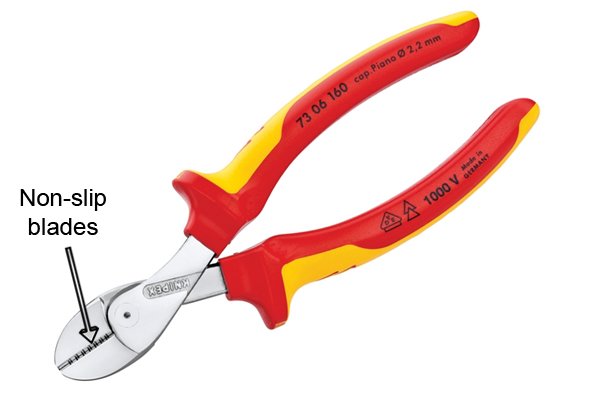 Non-slip engraved jaws of blades of diagonal side cutting pliers, nippers, wire cutters.