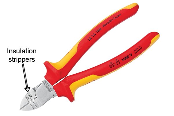 Insulation strippers as additional feature to diagonal side cutting pliers, nippers, wire cutters/