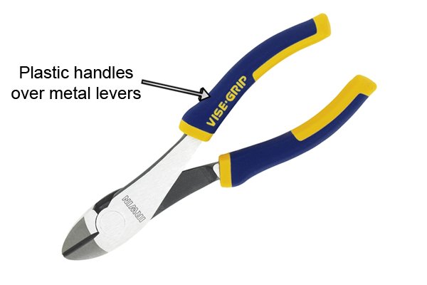 Plastic coating is fitted over metal lever handles of diagonal side cutting pliers, nippers, cutters.