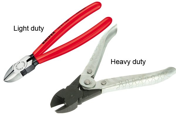 Light duty and heavy duty diagonal side cutting pliers, cutters, nippers.