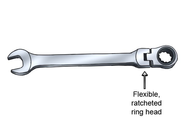 Combination spanner with open ended head and a flex-head, ratchet and ring head.