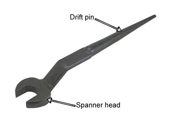 Podger with spanner end and drift pin for lining up bolt holes in metal construction.
