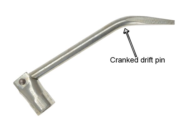 Cranked podger drift pin spanner has a bent end to make it easier to use.