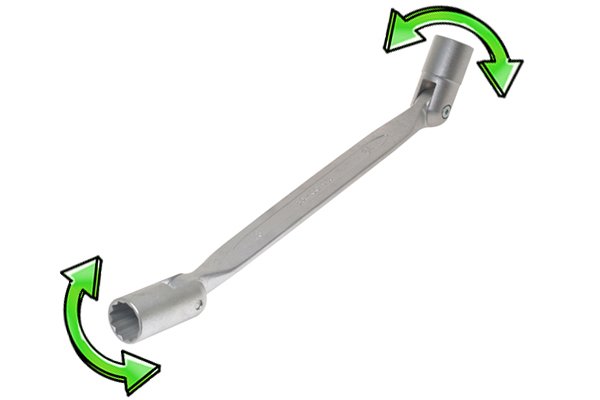 Flex-head spanner has heads that swivel to different angles.