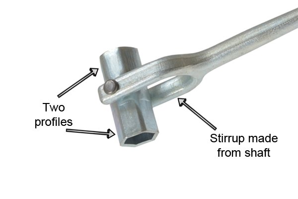 Flex head spanner with a stirrup that allows the head to swivel 360 degrees.
