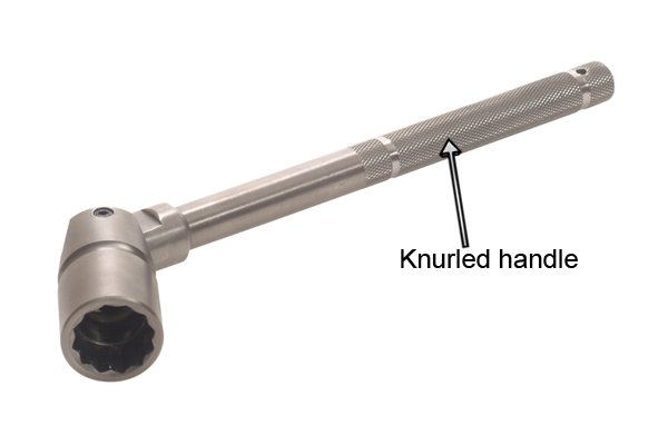 Scaffold spanner with a knurled cross hatched etched handle.