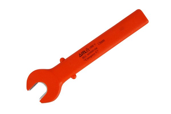 Plastic covered, using injection moulding process, insulated spanner.