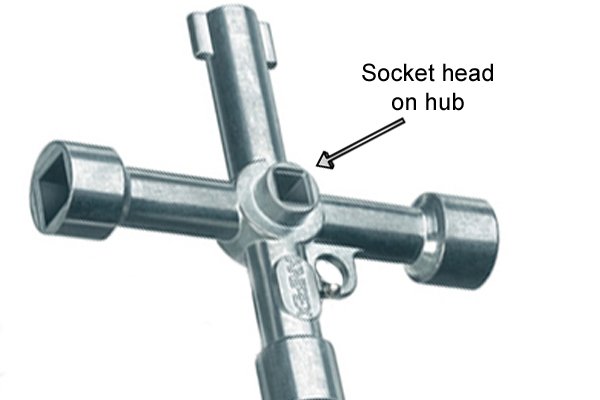 Sometimes the hub of a utility and control or service cabinet key has a square socket profiled head.