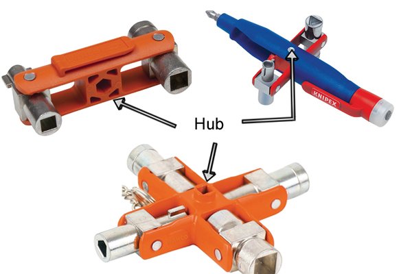 Variety of different hub shapes on plastic and metal utility and control or service cabinet keys.