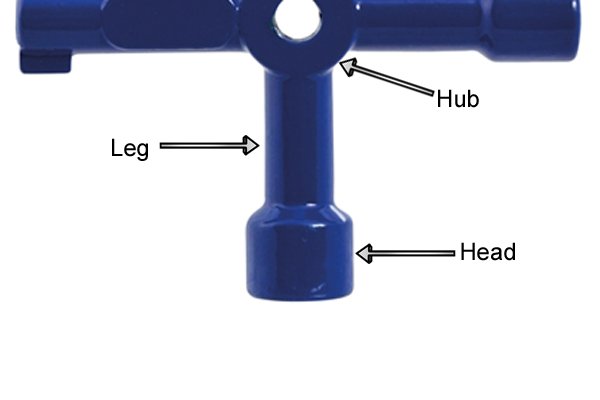 The leg attaches the head to the hub of the utility and control or service cabinet key.