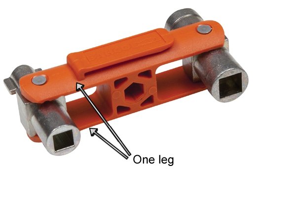 A utility and control or service cabinet key with a plastic body has a leg that is a frame for the head.