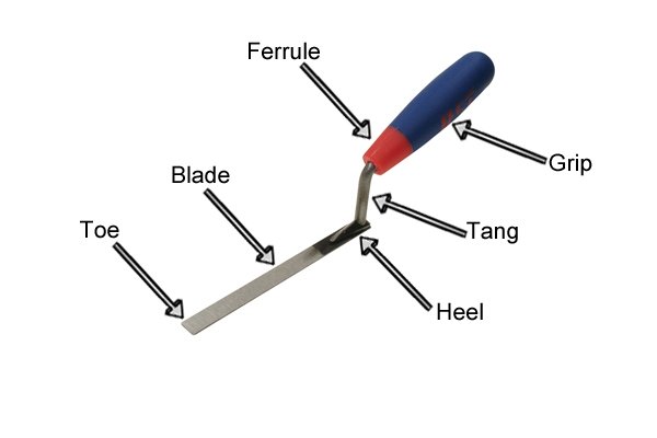 A visual guide to the tuck pointer, highlighting the blade, heel, toe, tang, ferrule and grip