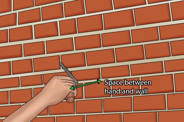 The tuck pointer is structured with a raised tang so that there is enough space for the user's hand between the grip and the wall