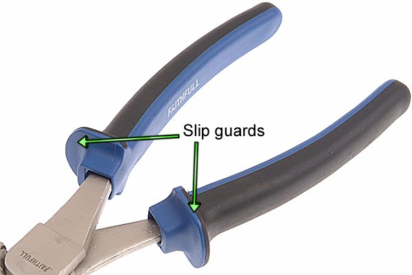 Close-up of end cutting pincer slip guards