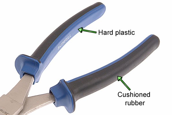 Bi-material handles on end cutters showing plastic and rubber parts