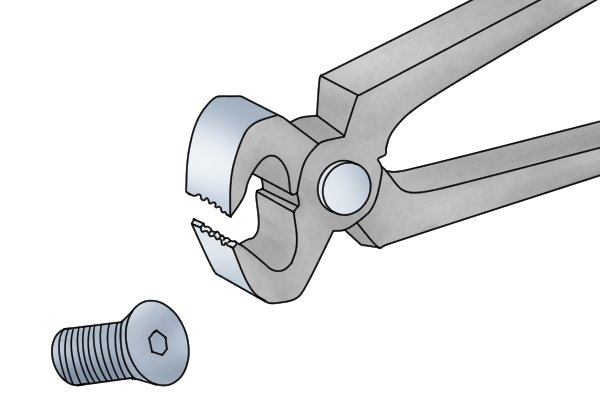 Carpenter's pincers showing notches in jaw and large bolt