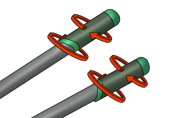 Close-up of telescopic edging shear handles with arrows showing twist adjustment