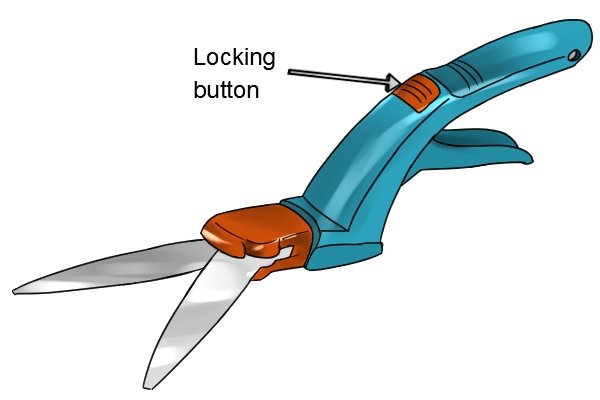 Locking button on small grass shears