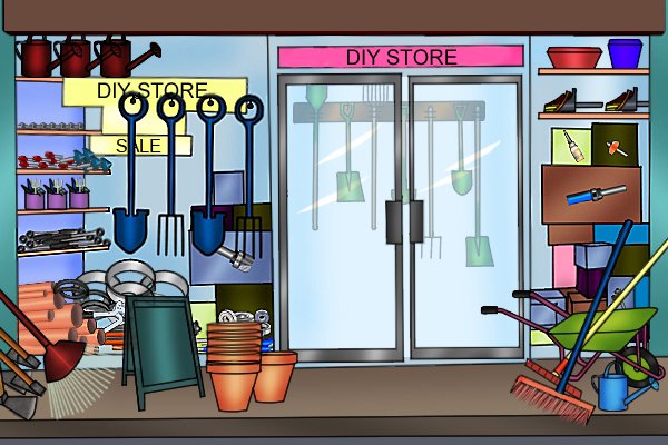 DIY store with tools in window and sale sign