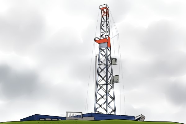 Land-based gas drilling rig on a hilltop