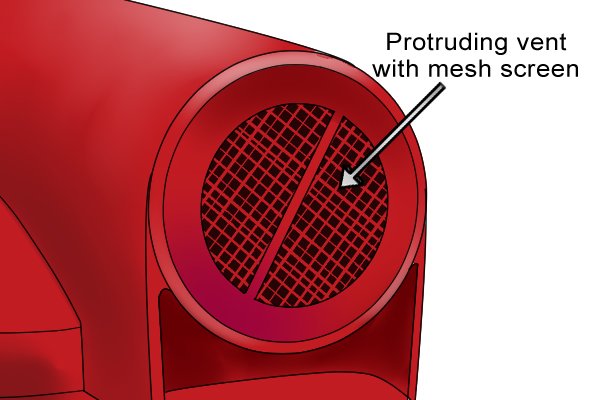 Close-up of protruding regulator vent with mesh screen