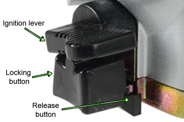 Close-up of clip-on regulator lever and release button