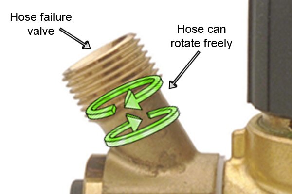Close-up of brass high pressure regulator hose failure valve