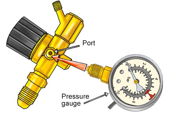 Close-up of high pressure regulator manometer port with pressure gauge