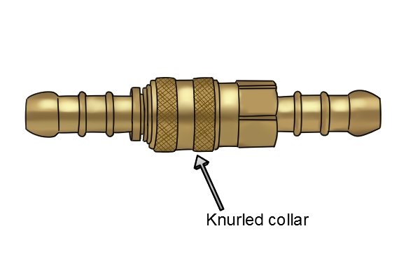Quick release gas hose coupling with labelled knurled collar