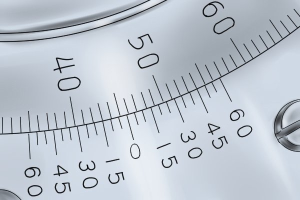 The vernier scale (bottom) as seen on a bevel protractor