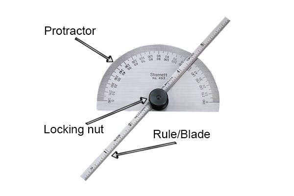 Top: Protractor; middle: Locking nut; bottom: Rule/Blade; Starrett, protractor and depth gauge